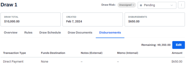 Fill transaction details with pending status